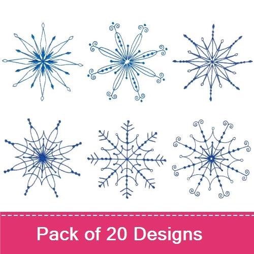 Redwork Blue Snowflakes Embroidery Designs Bundle – Frosty Star, Lattice Snowflake & More (20 Designs)