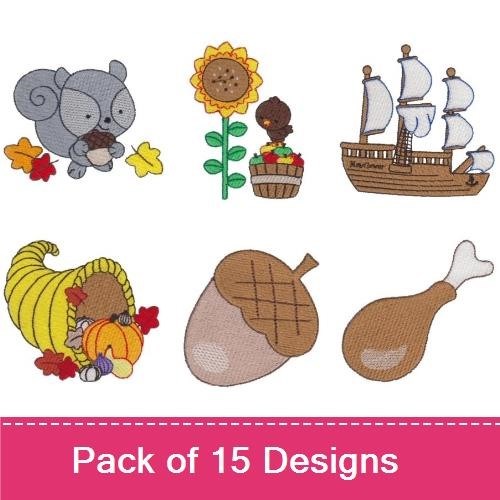Thanksgiving Friends Embroidery Bundle – Native American Girl, Pilgrim Boy, Turkey with Pumpkin & More (15 Designs)