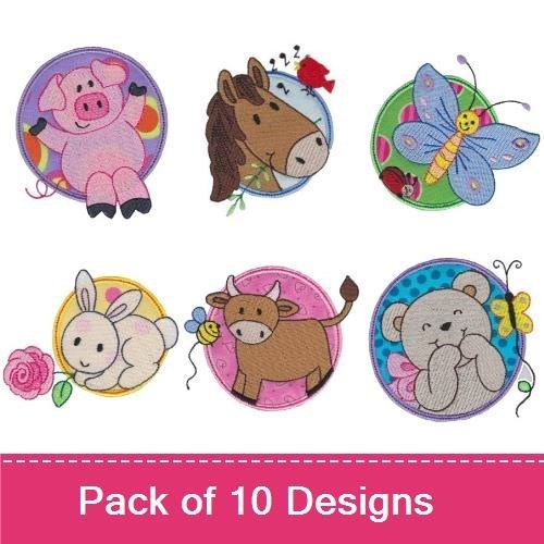 Applique Cute Animal Friends Embroidery Designs Bundle – Pig with Balloon, Horse in Circle, Butterfly with Flowers & More (10 Designs)