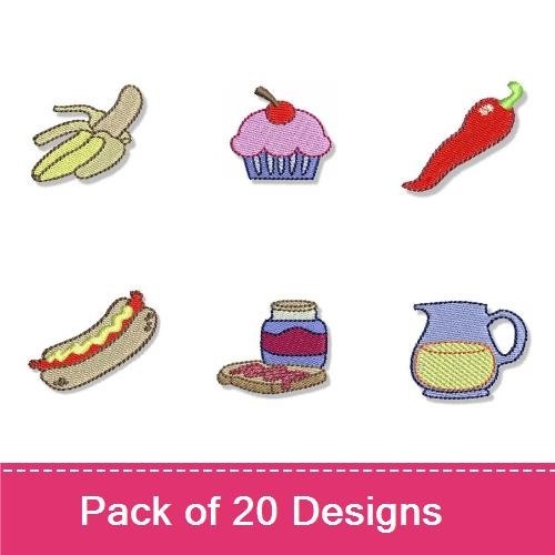Food-Themed Embroidery Designs Bundle – Hamburger, Banana, Broccoli & More (20 Designs)