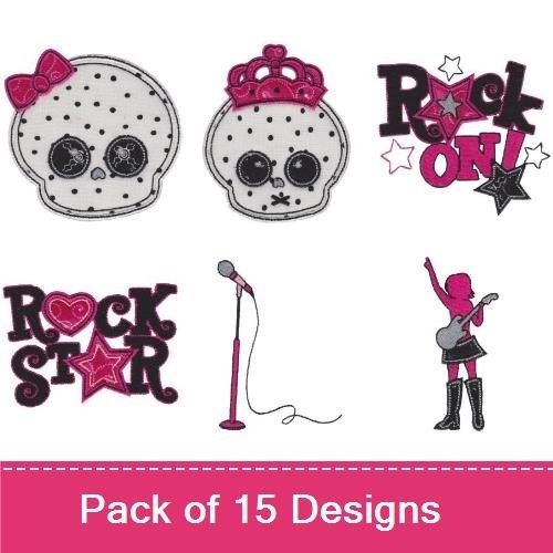 Girls Rock Embroidery Designs Bundle – Princess Skull, Skull with Bow, Flaming Heart & More (15 Designs)