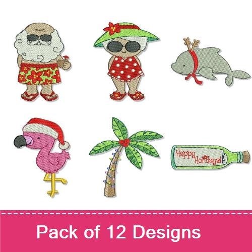 Tropical Holiday Embroidery Designs Bundle – Santa in Hawaiian Shirt, Christmas Dolphin, Flamingo with Santa Hat & More (12 Designs)