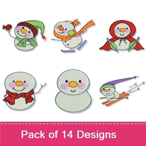 Cheerful Snowman Embroidery Designs Bundle – Snowman with Scarf and Hat, Snowman on Skis, & More (14 Designs)