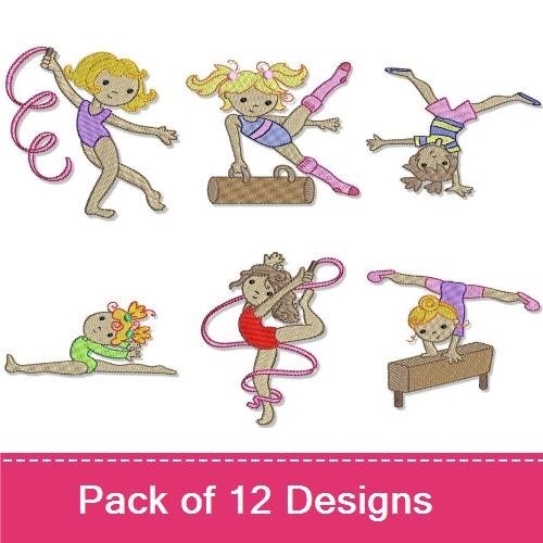 Gymnastics Figures Embroidery Designs Bundle – Girl with Hula Hoop, Girl on Balance Beam, Girl with Ribbon & More (12 Designs)