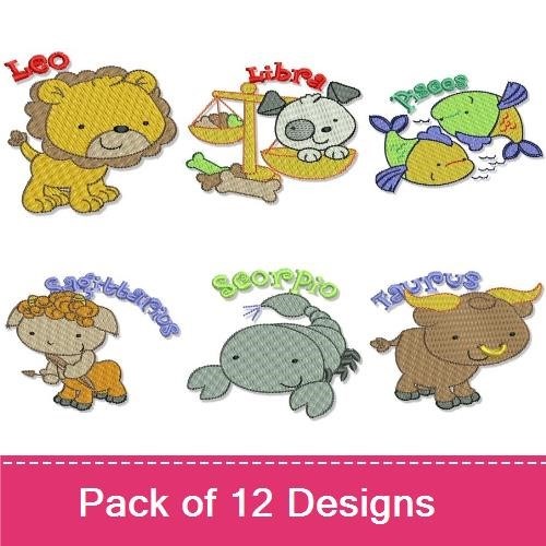 Zodiac Animals Embroidery Bundle – Leo, Libra, Pisces & More (12 Designs)