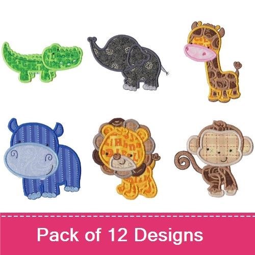 Applique Cute Jungle Animals Embroidery Bundle – Lion with Letters, Crocodile, Giraffe, Monkey & More (12 Designs)