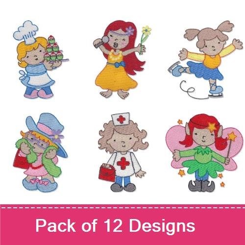 Kids Characters Embroidery Designs Bundle – Baking Girl, Princess Girl, Skating Girl & More (12 Designs)