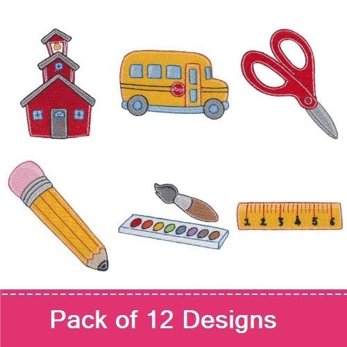 Back to School Essentials Embroidery Designs Bundle – Schoolhouse, Scissors, School Bus & More (12 Designs)