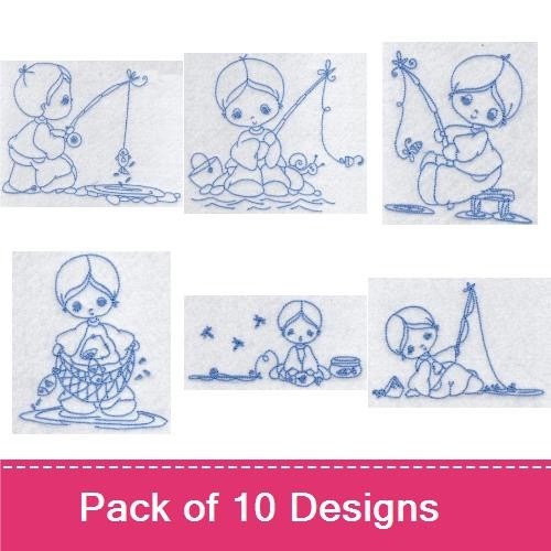 Redwork Children Fishing Embroidery Designs Bundle – Girl Fishing with Fish, Boy Fishing from a Dock & More (10 Designs)