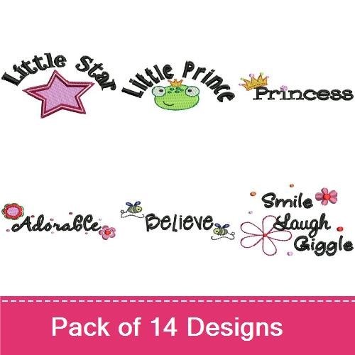 Kids Sentiments Embroidery Designs Bundle – Little Star, Little Prince, Princess & More (14 Designs)