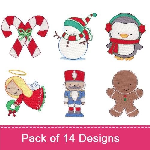 Classic Christmas Characters Embroidery Designs Bundle – Penguin, Snowman, Gingerbread Man & More (14 Designs)