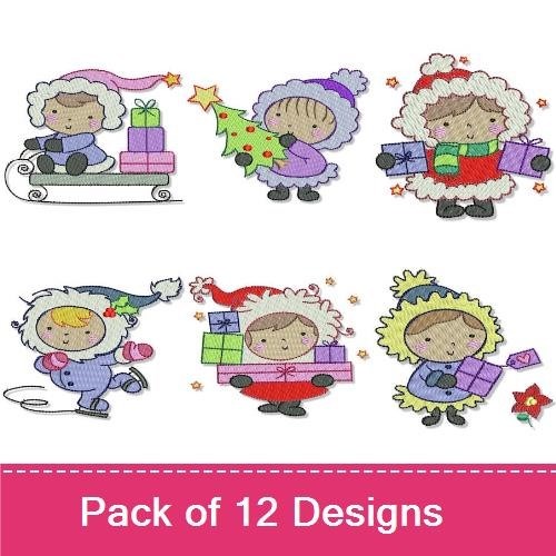 Cute Winter-Themed Kids Embroidery Designs Bundle – Girl with Gifts, Boy on Sled, Girl with Christmas Tree & More (12 Designs)