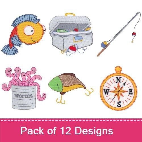 Fishing Themed Embroidery Designs Bundle – Tackle Box, Fish, Fishing Rod & More (12 Designs)