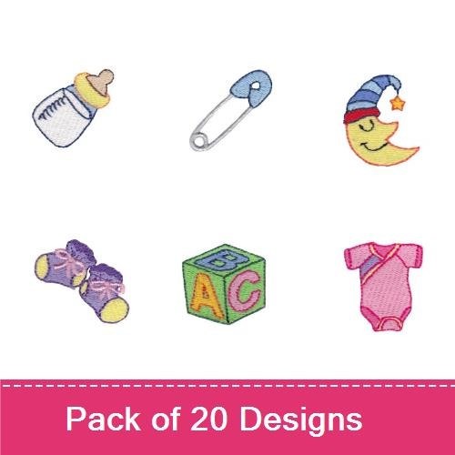 Baby-Themed Embroidery Designs Bundle – Baby with Rattle, Colorful Ball, Stacking Blocks & More (20 Designs)