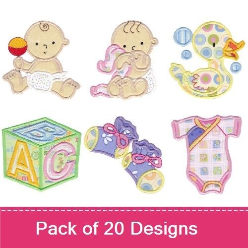 Applique Baby Essentials Embroidery Bundle – Baby with Rattle, ABC Block, Teddy Bear & More (20 Designs)