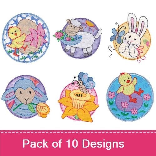 Applique Easter Animals Embroidery Bundle – Bunny in Flower Pot, Chick with Flowers, Bunny with Basket & More (10 Designs)