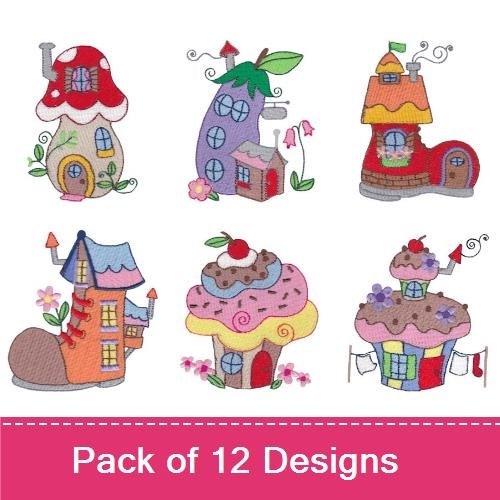 Fairy Tale Houses Embroidery Designs Bundle – Mushroom, Cupcake, Cookie, Flower & More (12 Designs)