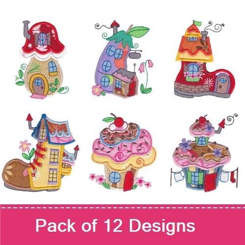Applique Fairy Houses Embroidery Designs Bundle – Red Roof Fairy House, Charming House with Chimney & More (12 Designs)