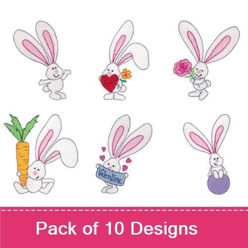 Bunny Embroidery Bundle – Happy Bunny with Heart, Bunny with Carrot, Bunny Dancing & More (10 Designs)