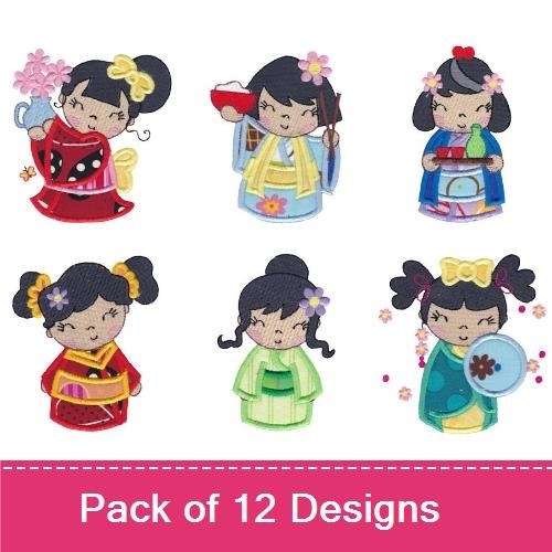 Applique Kokeshi Dolls Embroidery Bundle – Kokeshi Doll with Flowers, Pink Kimono, Tea Set & More (12 Designs)