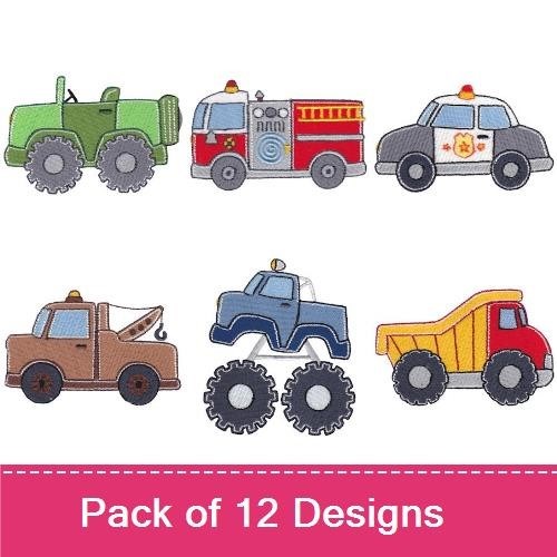Kids Vehicles Embroidery Designs Bundle – Fire Truck, Police Car, Green Tractor & More (12 Designs)