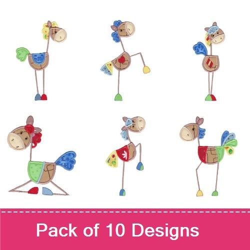 Applique Whimsical Horses Embroidery Designs Bundle – Standing Horse, Galloping Horse, & More (10 Designs)