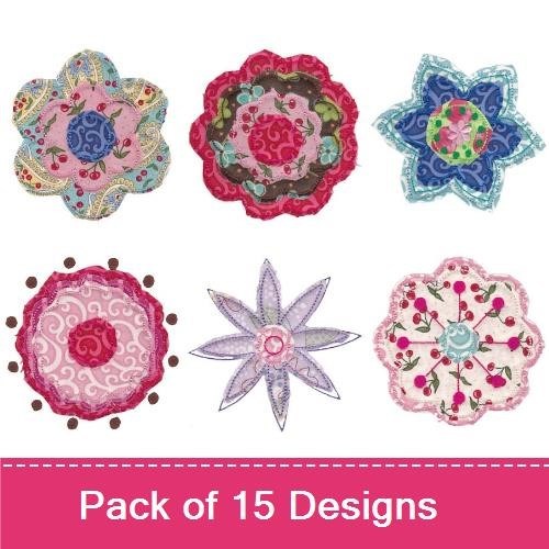 Applique Vintage Floral Embroidery Designs Bundle – Pink & Blue Flower, Red & Yellow Flower, Daisy & More (15 Designs)