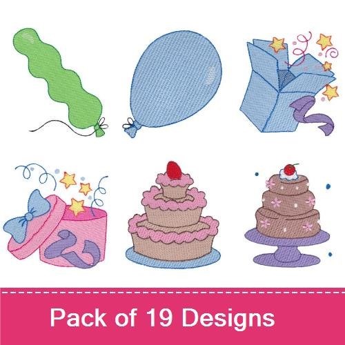Party Celebration Embroidery Designs Bundle – Gift Box with Stars, Balloon, Birthday Cake & More (19 Designs)