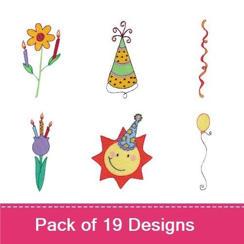 Whimsical Birthday Themes Embroidery Designs Bundle – Clown with Balloons, Cupcake with Candle, Birthday Banner & More (19 Designs)