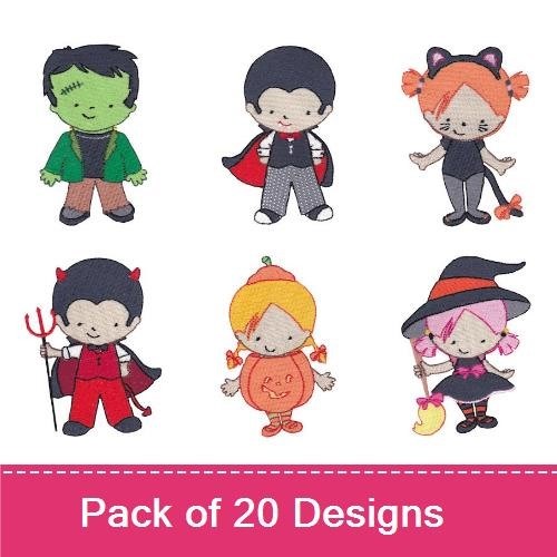 Cute Halloween Characters Embroidery Bundle – Frankenstein Boy, Vampire Boy, Witch with Hat & More (20 Designs)
