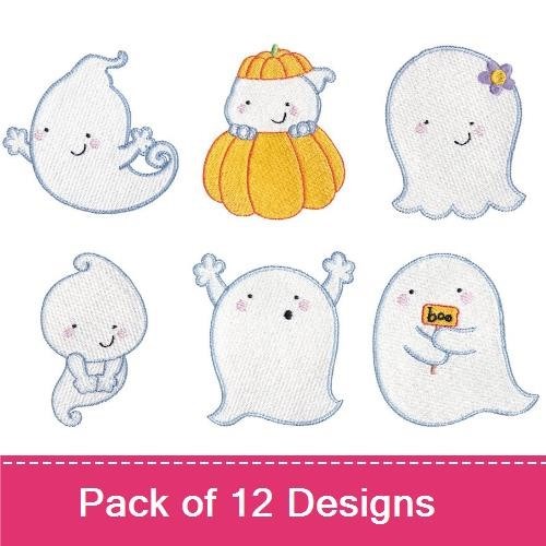 Cute Halloween Ghosts Embroidery Designs Bundle – Ghost with Arms, Ghost in Pumpkin, Smiling Ghost & More (12 Designs)