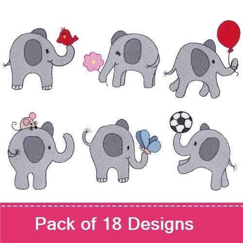 Cute Elephants Embroidery Bundle – Elephant with Bird, Elephant with Flower, Elephant with Balloon & More (18 Designs)