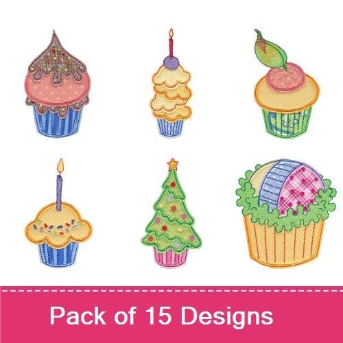 Applique Whimsical Cupcakes Embroidery Designs Bundle – Cupcake with Sprinkles, Ice Cream Cup, Floral Cupcake & More (15 Designs)