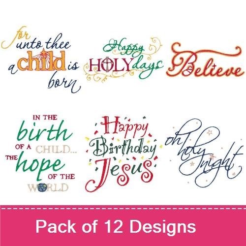 Christmas Sentiments Embroidery Designs Bundle – For Unto Thee A Child Is Born, Happy Holidays, & More (12 Designs)