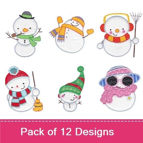 Applique Cute Snowman Characters Embroidery Designs Bundle – Snowman with Red Scarf, Blue Scarf, Sunglasses & More (12 Designs)