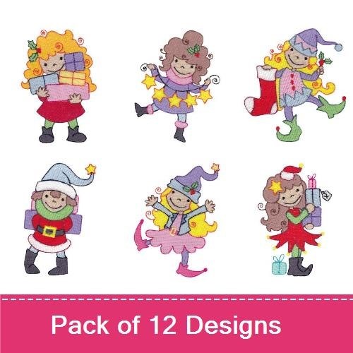 Christmas Elves Embroidery Designs Bundle – Girl Elf with Gifts, Boy Elf with Hat, Elf with Candy Cane & More (12 Designs)