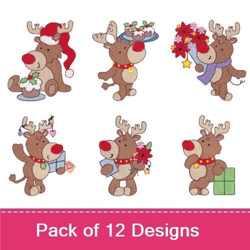 Festive Reindeer Embroidery Designs Bundle – Reindeer with Cupcake, Santa Hat, Christmas Tree & More (12 Designs)