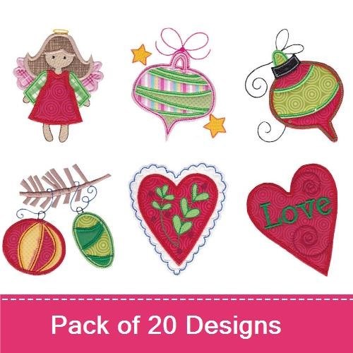 Applique Whimsical Christmas Ornaments Embroidery Bundle – Christmas Angel, Ornament with Stars, Round Ornament & More (20 Designs)