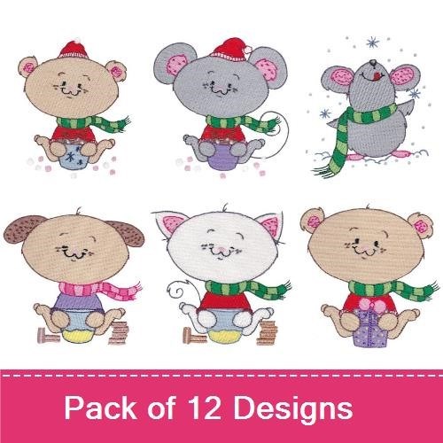 Teddy Bear & Mouse Embroidery Bundle – Cute Winter Characters (12 Designs)