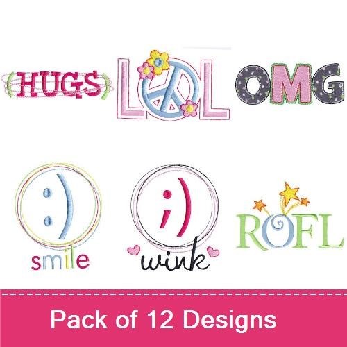 Funny Text & Emoji Embroidery Designs Bundle – LOL with Peace Sign, Hugs, OMG & More (12 Designs)