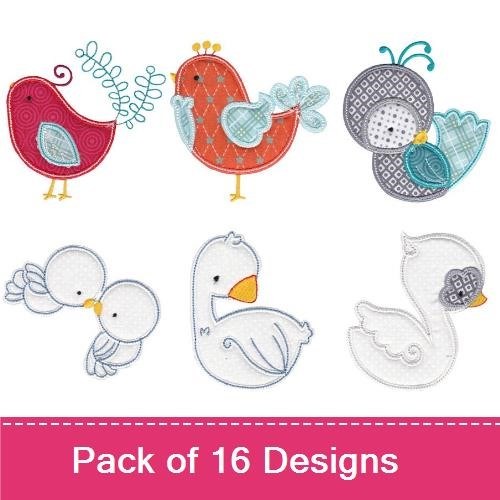 Applique Whimsical Birds Embroidery Designs Bundle – Plush Blue Bird with Red Tail, Fluffy White Bird, Red Bird with Swirls & More (16 Designs)