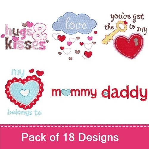 Valentine's Day Embroidery Designs Bundle – Bear with Heart, Snail with Hearts, Love You & More (18 Designs)