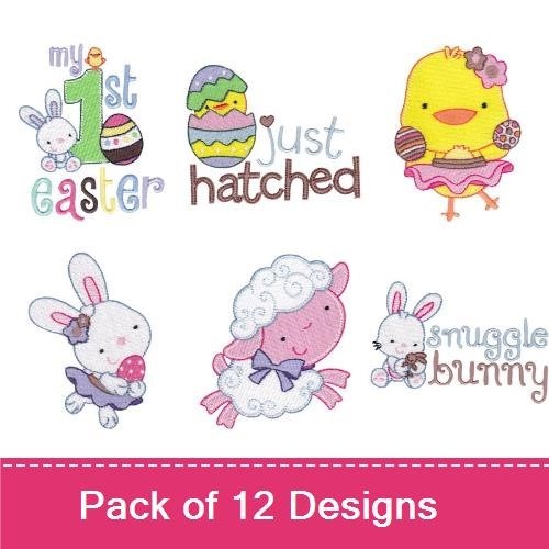Easter Bunny & Chick Embroidery Designs Bundle – Easter Egg, Bunny Ears, Just Hatched & More (12 Designs)