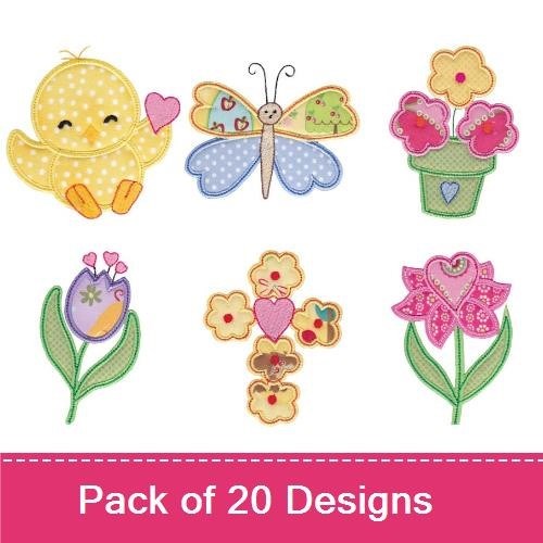 Applique Easter Bunny & Chick Embroidery Bundle – Bunny with Flower, Chick in Cup, & More (20 Designs)