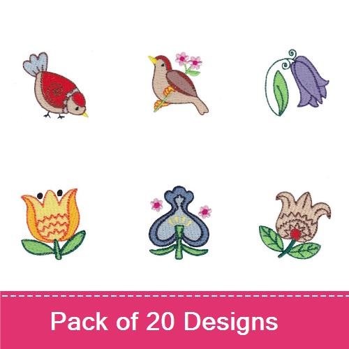 Birds & Flowers Embroidery Designs Bundle – Singing Bird with Flowers, Red Bird, Hen & More (20 Designs)