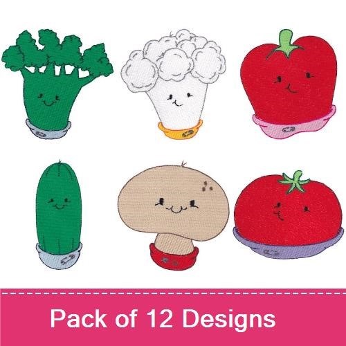 Vegetable Characters Embroidery Designs Bundle – Broccoli, Celery, Onion, Apple & More (12 Designs)