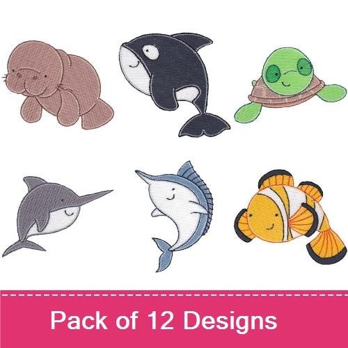 Ocean Creatures Embroidery Designs Bundle – Manta Ray, Dolphin, Whale, Seal & More (12 Designs)