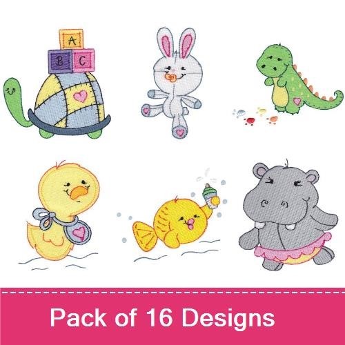 Cute Baby Animals Embroidery Designs Bundle – Penguin in a Dress, Pig with Blanket, Bunny & More (16 Designs)