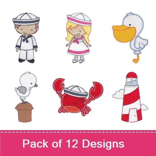 Nautical Kids and Sea Life Embroidery Designs Bundle – Sailor Boy, Sailor Girl, Crab & More (12 Designs)