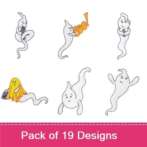 Cute Halloween Ghosts Embroidery Designs Bundle – Ghost Holding Pumpkin, Ghost with Candy, Ghost Saying Boo & More (19 Designs)